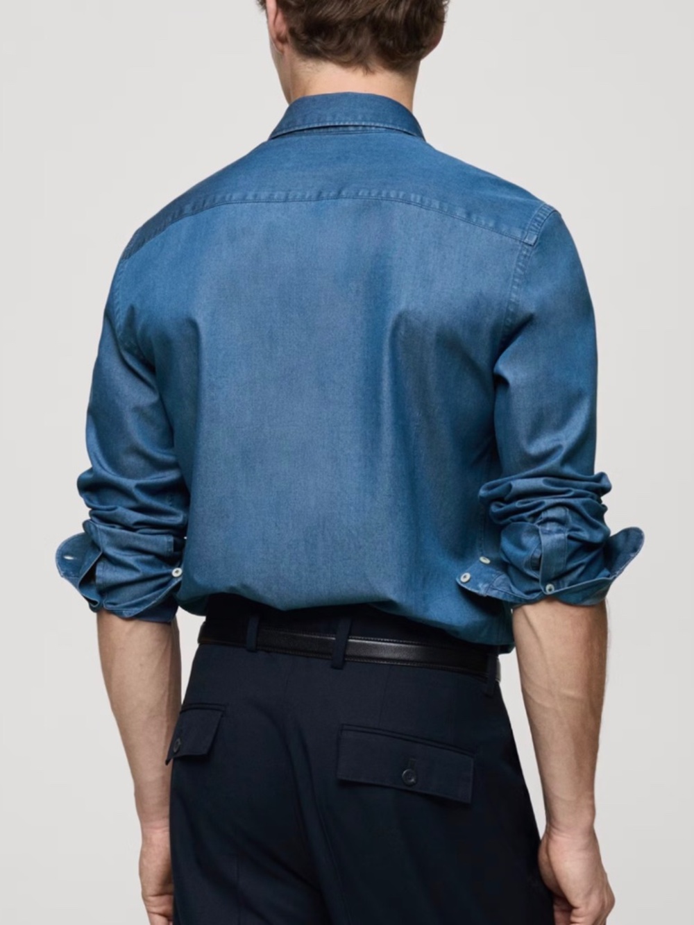 NWT MANGO Man Men’s Blue Chambray Shirt Slim Fit Size Large L - Picture 5 of 7